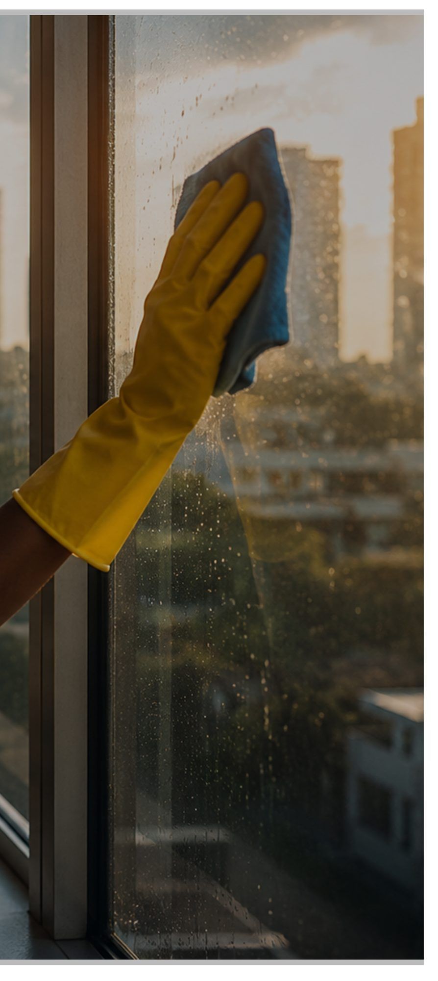 Mão com luva amarela a limpar a janela de um escritório ao fim da tarde